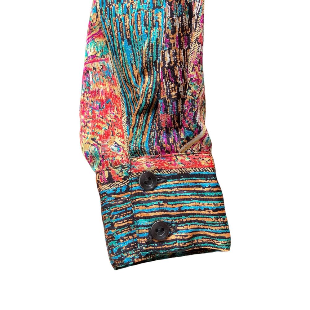 VTG Artsy Patchwork Multi-Print Blouse Sz Md Colorful Tie Front Button Down Top - Picture 4 of 13